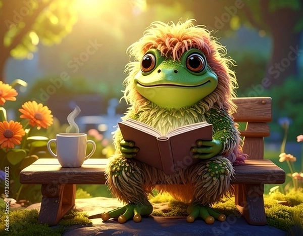 Fototapeta Whimsical Reader: A charming, illustrated creature, part frog and part hairy, sits contentedly on a park bench, engrossed in a book, with a steaming cup, illuminated by soft sunlight.