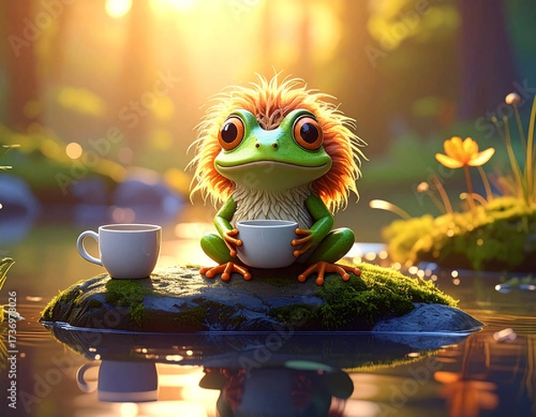 Fototapeta Frog with Coffee by Stream: A whimsical depiction of a cheerful frog enjoying a moment of peace with a warm cup of coffee by a serene stream, embodying tranquility and simple pleasures.