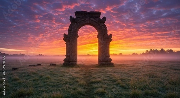 Fototapeta Ancient Archway at Sunrise with Misty Field