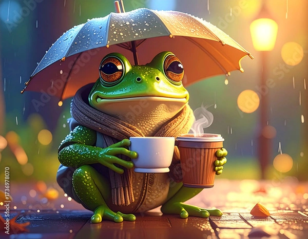 Fototapeta Frog's Coffee Break: A charming animated frog is enjoying a relaxing moment, sheltering from the rain under an umbrella while sipping a hot beverage, embodying serenity and contentment.