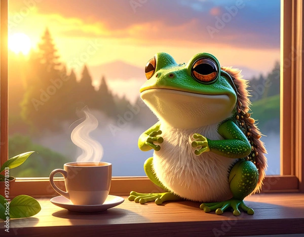 Fototapeta Frog’s Morning Serenity: A whimsical green frog enjoys a steaming cup of beverage near a window, enveloped in the warm glow of a sunlit morning, showcasing the perfect start to a day.