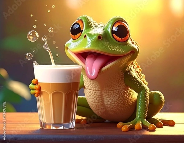 Fototapeta Whimsical Frog with a Drink: A charming cartoon frog, its eyes wide with glee, enjoys a frothy beverage, its tongue playfully lolling out in a moment of pure enjoyment and delight. 