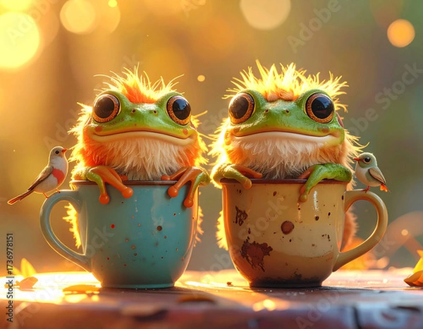 Fototapeta Frog's Tea Party: Two charming frogs perched in teacups, joined by playful birds, basking in warm sunlight, a whimsical illustration of pure joy.