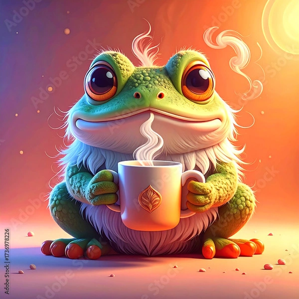 Fototapeta Frog's Coffee Break: A charming cartoon frog, enveloped in a whimsical atmosphere, enjoys a warm cup of coffee with an air of cozy comfort.