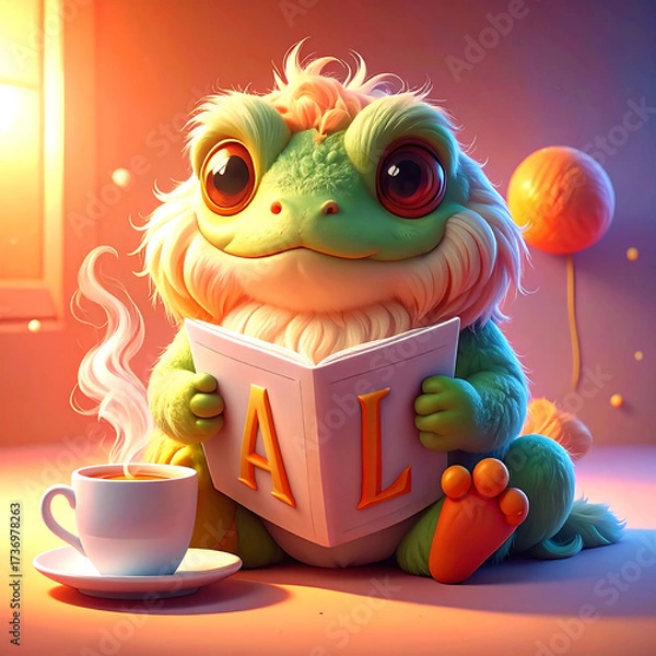 Fototapeta Curious Creature's Cozy Reading Nook: A whimsical, cute, adorable creature is absorbed in a storybook, enjoying a warm beverage in a cozy reading nook.
