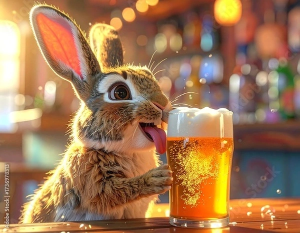 Fototapeta A Bunny's Brew: A cartoon bunny savoring a refreshing mug of beer in a vibrant pub, capturing a moment of lighthearted joy and the simple pleasures of life.