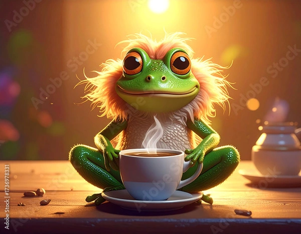 Fototapeta Frog's coffee Break: In this whimsical scene, a charming frog takes a delightful coffee break, radiating warmth and tranquility.