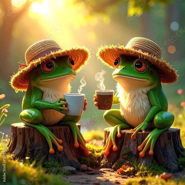 Fototapeta Frogs in Friendship: Two charming frogs enjoy a delightful morning, seated on tree stumps in a vibrant woodland, savoring warm beverages while donning straw hats and basking in the sun's gentle glow.