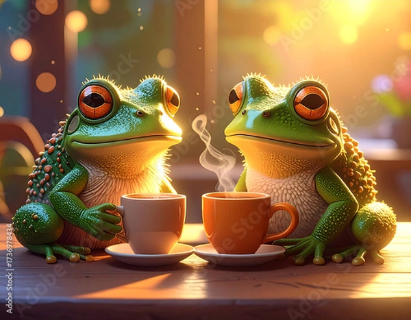 Fototapeta Frog Cafe Moment: Two charming frogs share a delightful coffee break, enveloped in a warm, inviting ambiance, perfect for heartwarming animal-themed design.