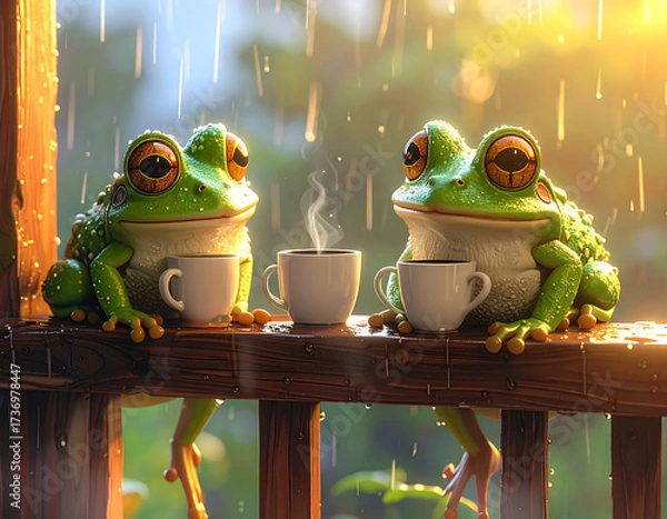 Fototapeta Frogs Sipping Coffee in the Rain: Two charming frogs enjoy a warm cup of coffee while it's raining, basking in the serenity of the downpour.