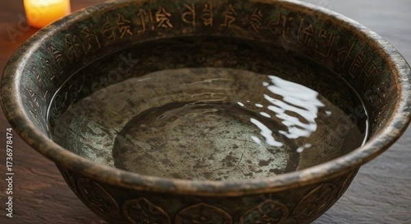 Fototapeta Ancient Bronze Bowl Filled with Water and Candle Light