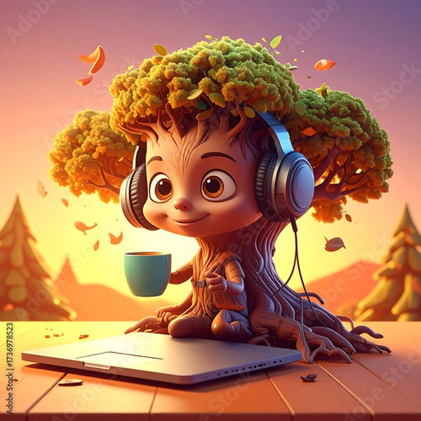 Fototapeta Animated Tree Character with Gadgets : An animated tree character wearing headphones and holding a coffee cup. The character is sitting on a wooden desk with laptop.