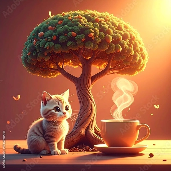 Fototapeta Serene Moment: A whimsical scene unfolds with a curious kitten, a steaming cup, and a lush tree creating a tranquil atmosphere. 