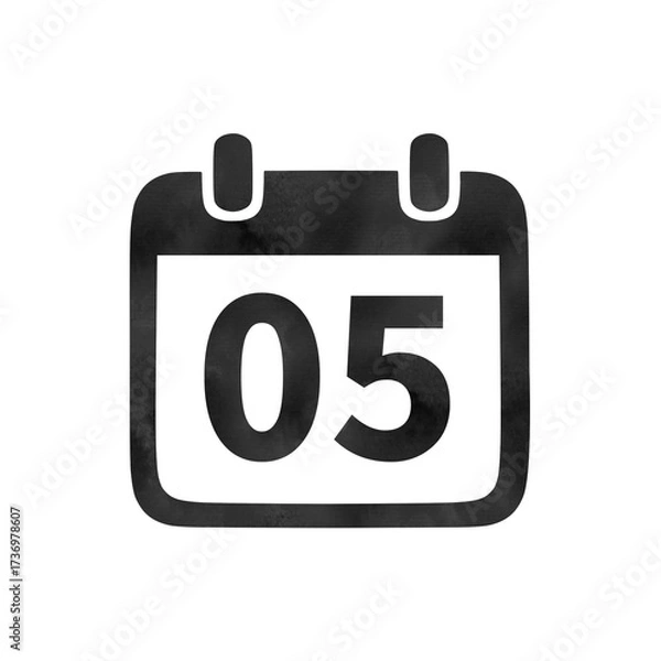 Fototapeta Hand-drawn black silhouette calendar icon with watercolor texture showing the number 05. Perfect for monthly schedules, event planning, and digital calendars.