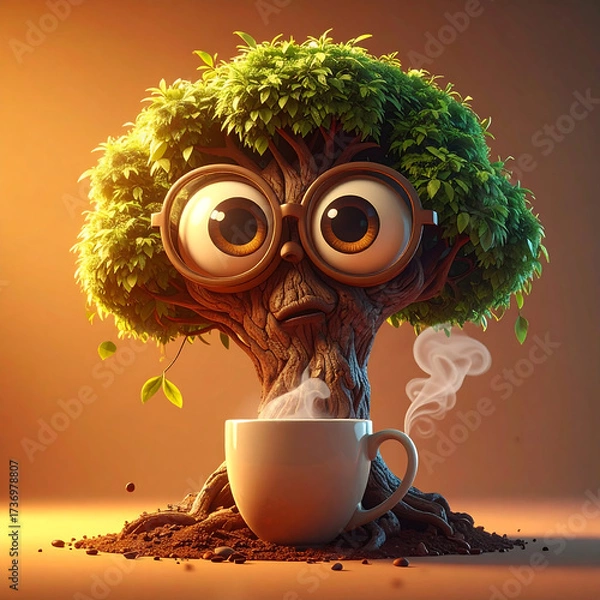 Fototapeta Thoughtful Tree Enjoying Morning Coffee: A whimsical animated tree character, sporting spectacles, sips from a steaming coffee cup, a lighthearted embodiment of a thoughtful break.