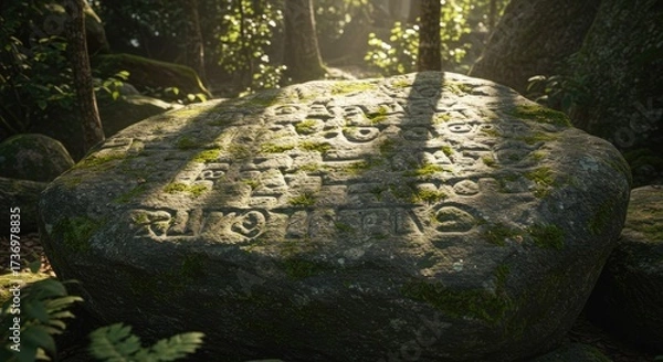 Fototapeta Ancient Carved Stone in Lush Forest Sunlight