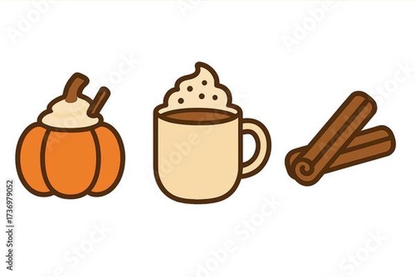 Obraz Autumn beverage icon set. Pumpkin spice latte drink, hot chocolate mug and cinnamon sticks. Minimalist cartoon vector illustration for fall season menu design. Warm cozy drinks.