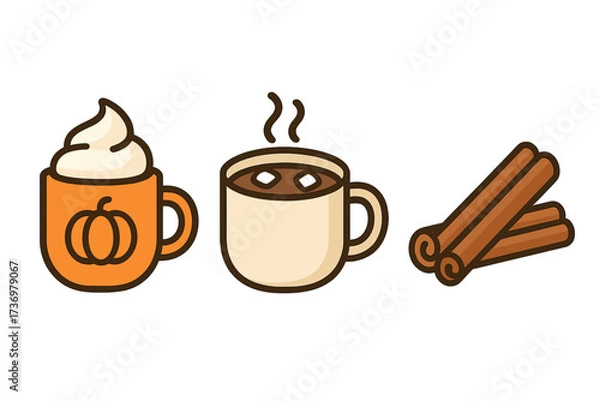 Obraz Autumn beverage icon set. Pumpkin spice latte, hot chocolate with marshmallows, cinnamon sticks. Cozy fall drink collection. Minimalist cartoon vector illustration for design.