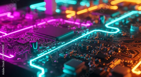 Obraz Circuit Board Neon Glow, Technology, Artificial Intelligence, AI