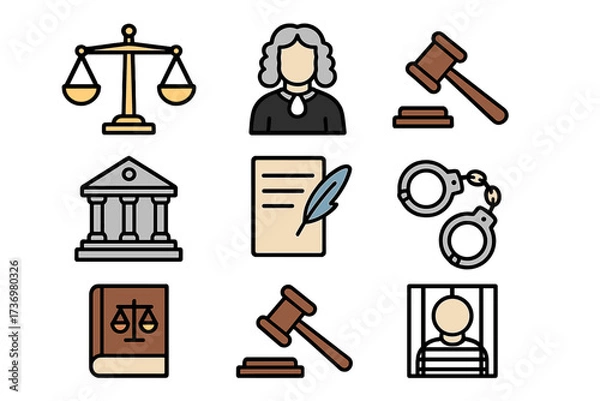 Obraz Legal and justice icons set. Flat linear symbols of law and order. Vector cartoon illustration. Judge, gavel, courthouse, handcuffs, prisoner, law book and scales of justice.