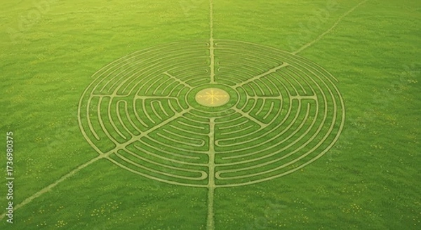 Fototapeta Aerial View of a Circular Grass Maze in a Lush Green Field
