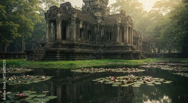Obraz Ancient Angkor Temple Ruins with Lotus Pond at Sunrise