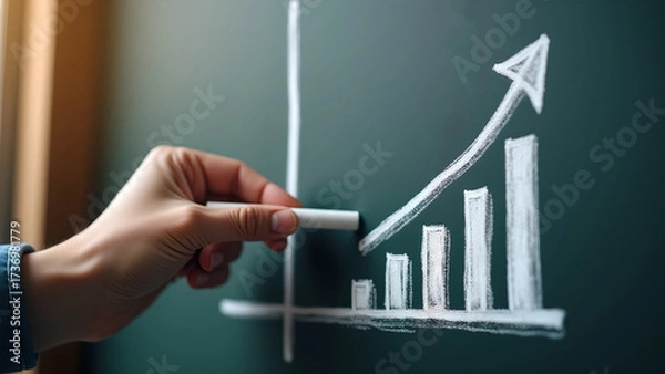 Fototapeta Close-up of a hand holding white chalk, drawing an upward arrow and bar chart on a dark chalkboard, symbolizing business strategy, planning, and financial growth, dramatic lighting