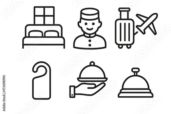 Obraz Modern hotel service icon collection. Minimalist line art for the hospitality industry. Vector symbols for amenities, travel, concierge, room service, reception bell, booking.