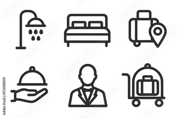 Obraz Hotel service icon set. Hospitality amenities for travel and tourism. Vector line art symbols for booking app. Concierge, room service, bellhop, bed and shower icons. Minimalist pictograms.