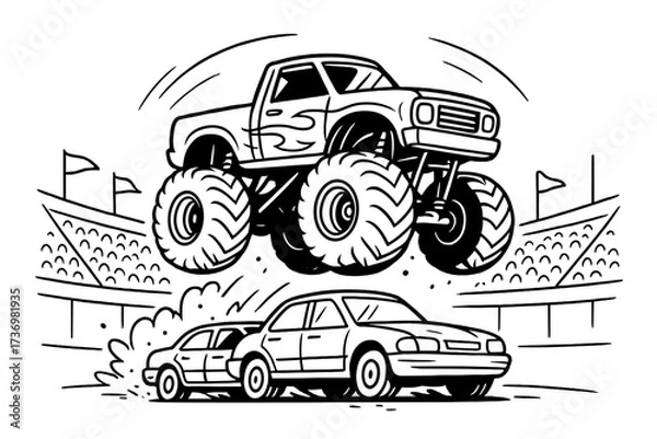 Obraz Monster truck show event. Extreme bigfoot car jumping over crushed vehicles. Motorsport competition in an arena. Vector line art illustration for a coloring book page.