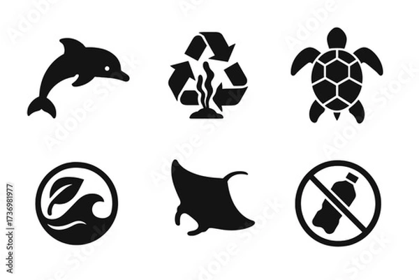 Obraz Ocean conservation icon set. Marine life protection symbols. Eco friendly vector collection with dolphin, turtle, manta ray. Reduce plastic pollution & recycle sign. Minimalist black silhouettes.