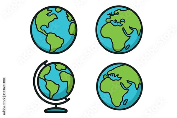 Fototapeta Earth icon set. Globe vector illustration collection. Planet cartoon symbol. World map graphic element. Global geography sign. International travel and ecology concept logo design.