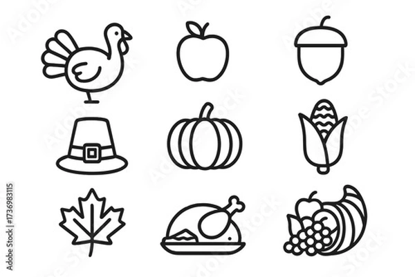 Obraz Thanksgiving icon set. Turkey, pumpkin, cornucopia, pilgrim hat, roasted dinner, apple, corn, maple leaf. Autumn harvest holiday symbols. Simple outline vector illustration.
