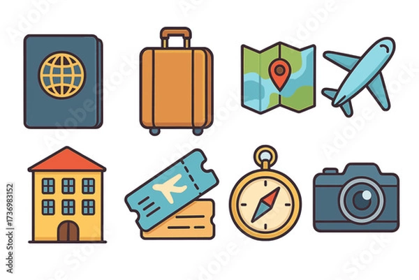 Obraz Travel icons set for vacation and tourism. Vector cartoon illustration of passport, suitcase, map, airplane, hotel, ticket, compass, camera. Flat design graphic elements.
