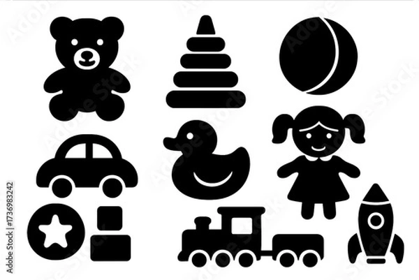 Obraz Set of children's toy icons in simple black silhouette style. Vector collection of popular playtime objects like teddy bear, car, doll, duck, train, ball, rocket, and pyramid.