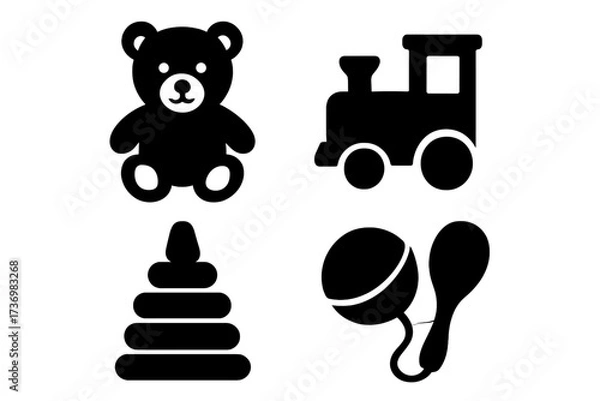 Obraz Children's toys icon set. Black silhouette collection of baby playthings. Vector graphic of teddy bear, train, pyramid, and rattle. Simple minimal design for childhood.