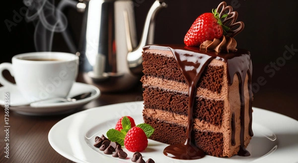 Fototapeta Delicious brown chocolate cake slice with cream and strawberries on a white plate next to a cup of coffee