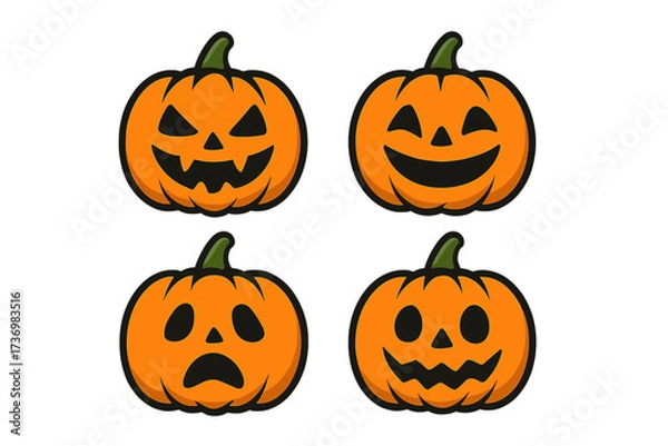 Fototapeta Halloween pumpkin characters vector icon set. Jack o lantern faces with different emotions. Cute, scary, happy and sad cartoon expressions for autumn holiday design elements.