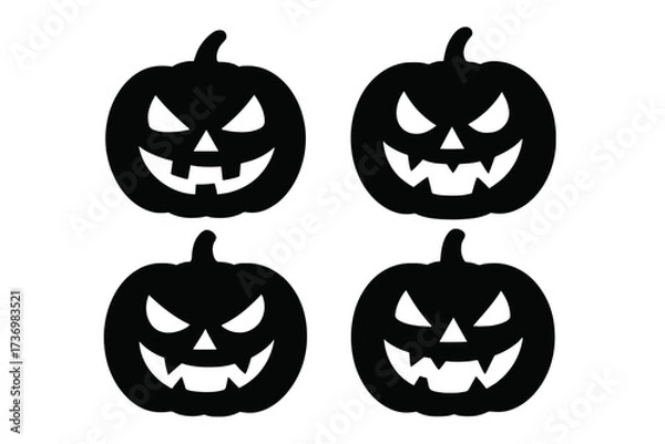 Fototapeta Halloween pumpkin silhouette set. Vector collection of carved Jack o' Lantern faces. Spooky, scary, evil smile icons. Black horror symbol for autumn holiday decoration.