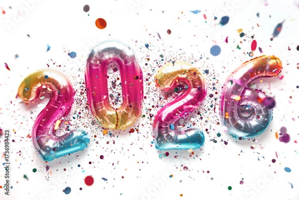 Fototapeta 2026 made from balloons and confetti. Happy New Year