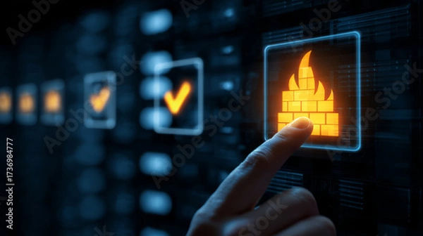 Fototapeta Person activating virtual firewall icon on digital interface in server room.