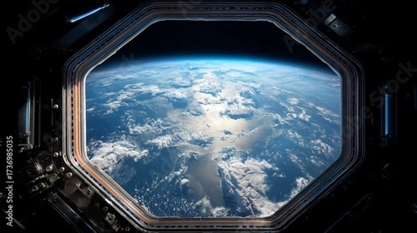 Fototapeta Earth view from spacecraft window; looking at ocean, clouds, space. Illustration, education, research use