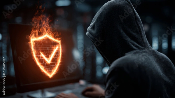 Fototapeta Hacker in hoodie facing flaming digital firewall icon on screen.