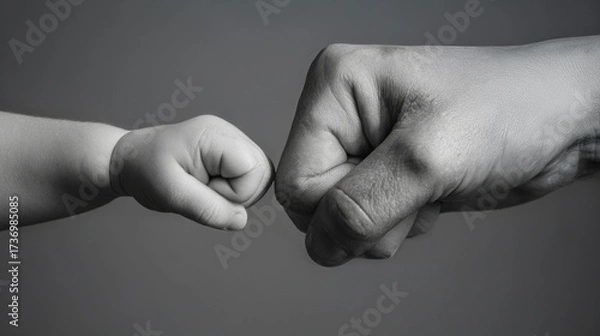 Fototapeta Baby and adult fist bump showing connection and trust.