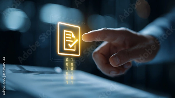 Fototapeta Businessman points to the process of converting paper documents into digital files. Binary data stream.