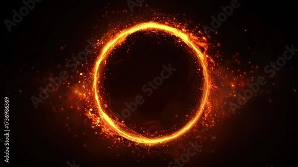 Fototapeta Fiery glowing circle with cosmic particles, against a dark background