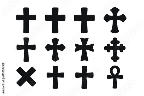 Fototapeta Crosses icon set. Black christian cross silhouette collection. Religious and faith symbols. Vector icons of crucifix, ankh, saltire, orthodox and catholic signs for design.
