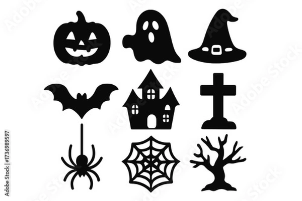 Obraz Halloween icon set silhouette. Spooky collection with pumpkin, ghost, witch hat, bat, haunted house, spider, and web. Black scary vector graphic for autumn holiday design.