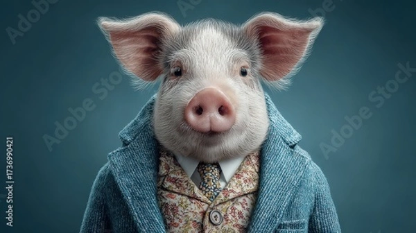 Fototapeta Adorable pig dressed in suit with a bow tie indoors posing confidently for a portrait