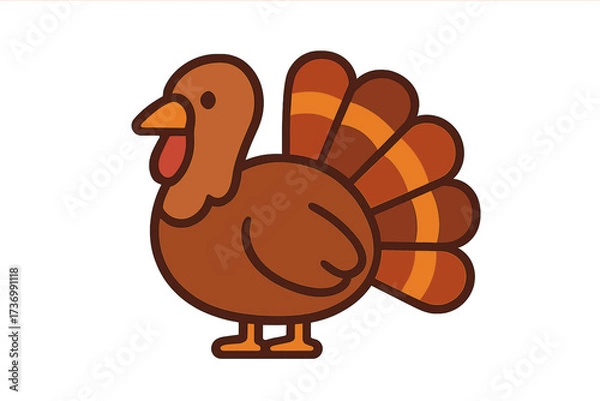 Fototapeta Cute cartoon turkey character. Thanksgiving holiday symbol. Vector illustration for autumn celebration. Farm bird icon in flat design style. Isolated graphic for fall festival.
